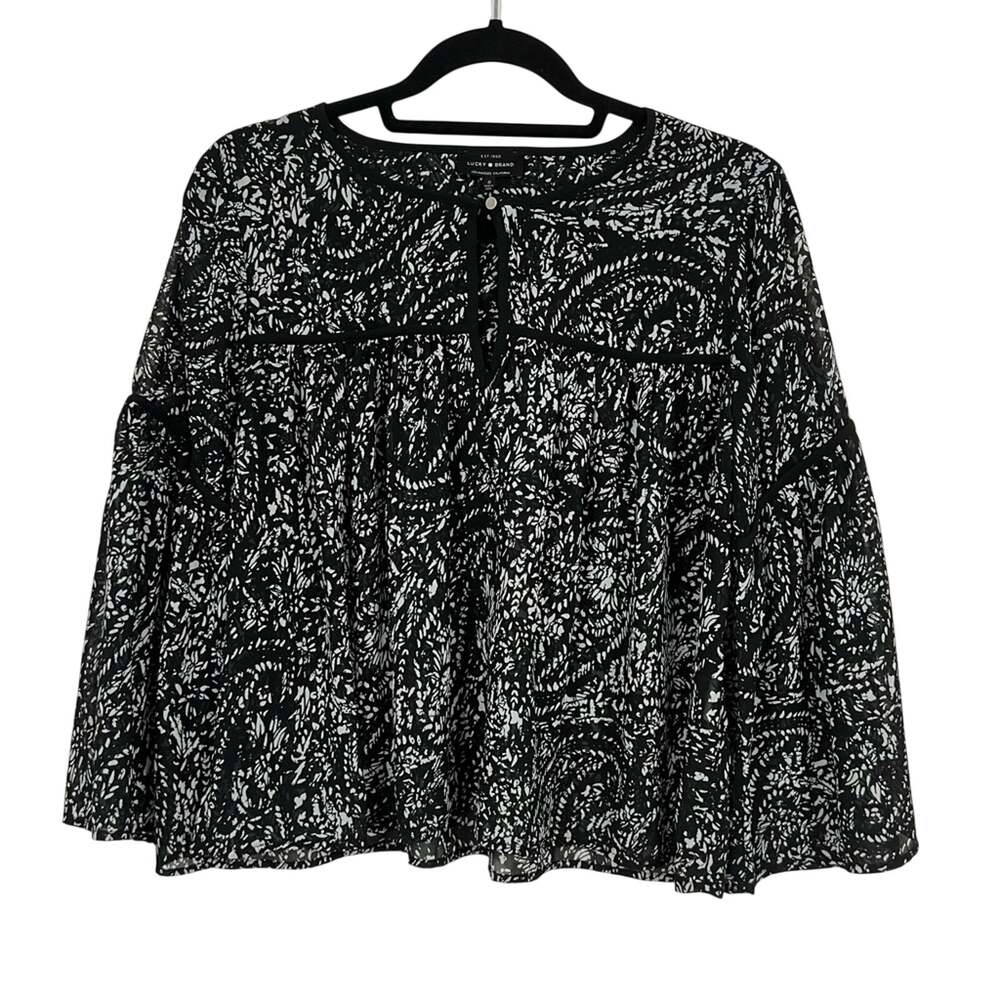 Lucky Brand Black White Boho Blouse Womens Small Babydoll Flared Sleeve Top